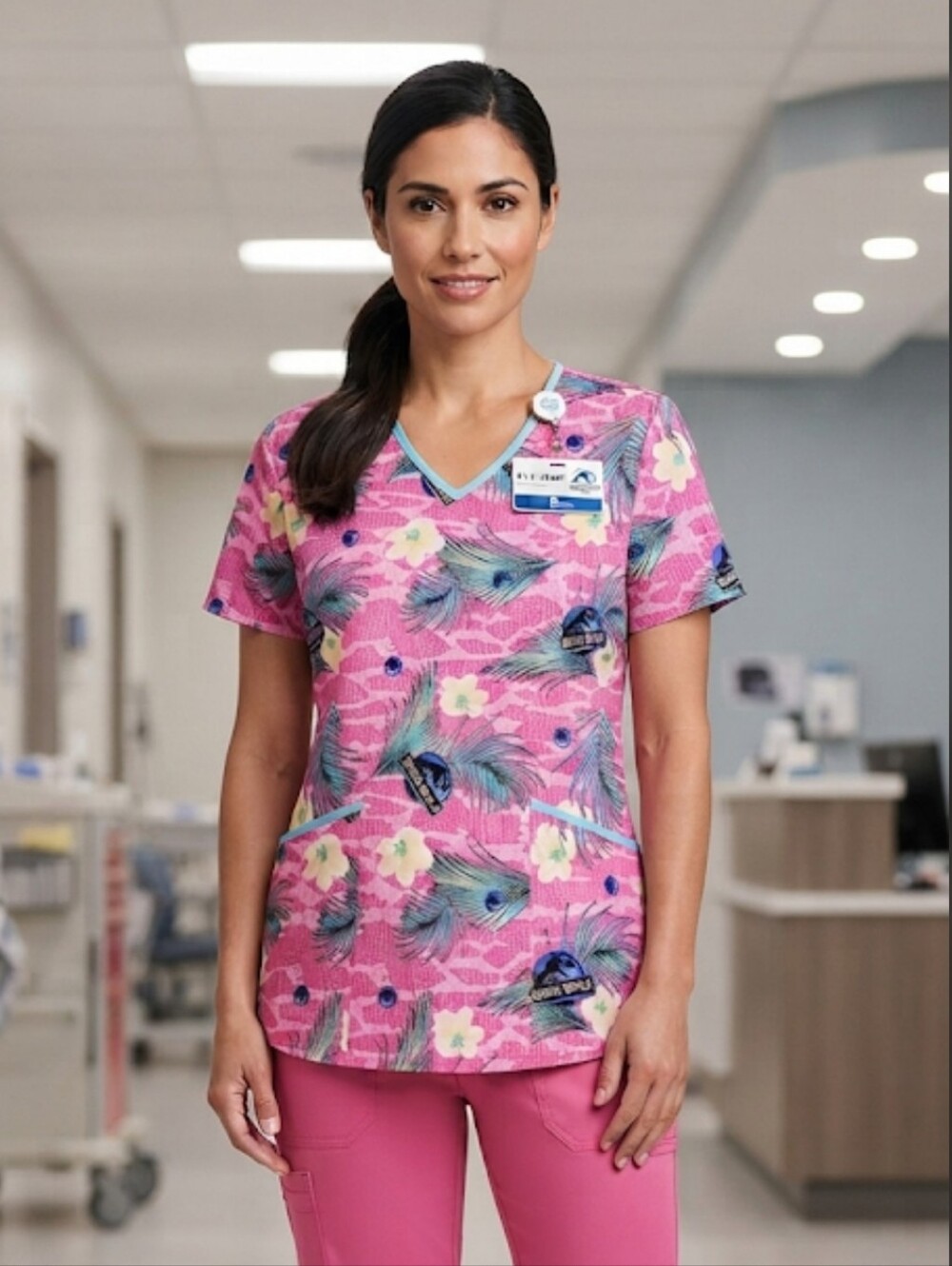 Jurassic World Women's "Dino Skin" Pink Floral Scrub Top Universal Studios Med